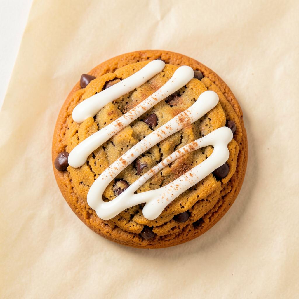 Pumpkin Patch Chippers cookie with chocolate chips, cream cheese drizzle and cinnamon dusting from an ABQ bakery