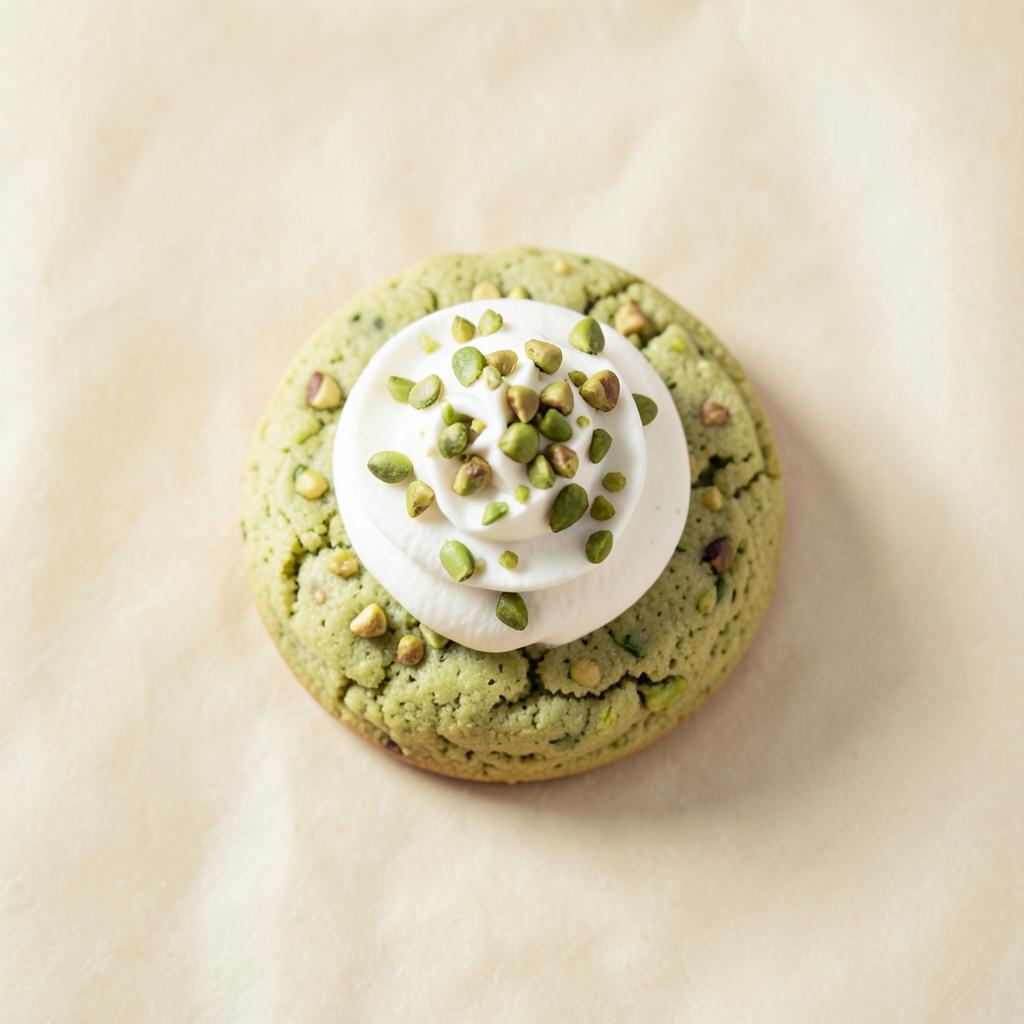 Silk & Pistachio cream cheese cookie topped with frosting and pistachios, made from scratch in Albuquerque, NM