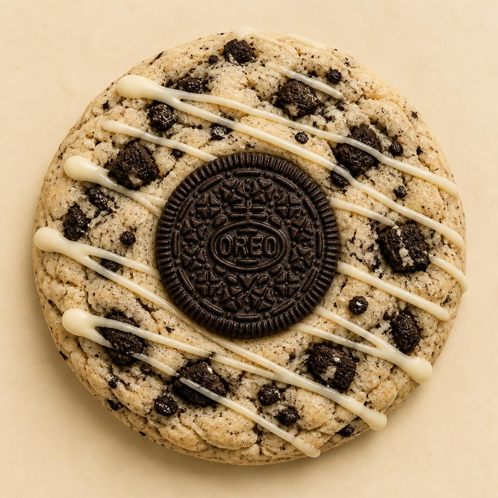 Milk & Cookies vanilla cookie loaded with Oreos and white chocolate drizzle, a made from scratch dessert in the Duke City