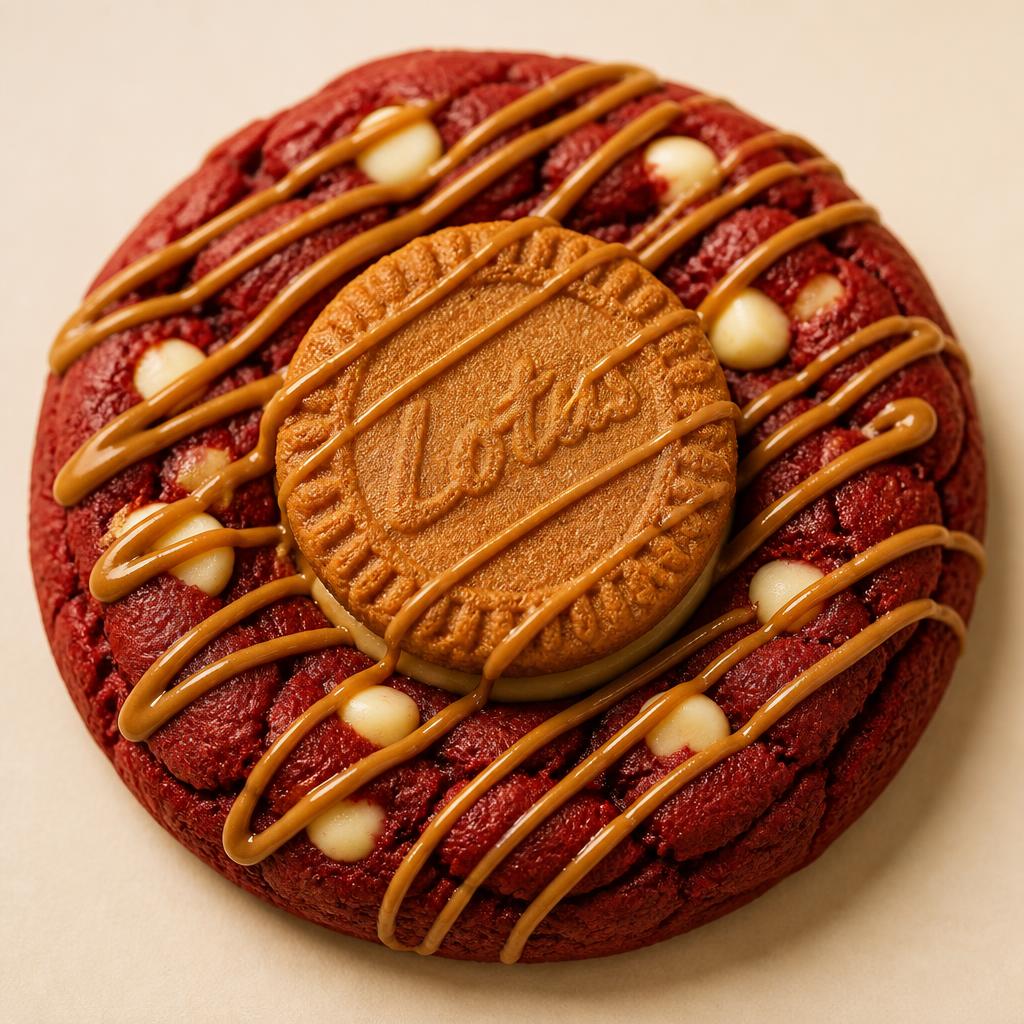 Red Velvet Biscoff cookie with white chocolate chips and cookie butter drizzle from Corner Cut Baking Co. in Albuquerque