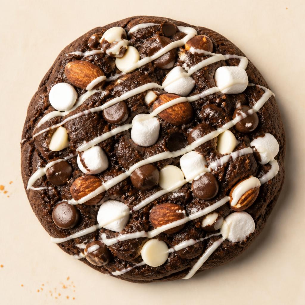 Rocky Road fudge brownie cookie with marshmallows, almonds and white chocolate drizzle, made from scratch in ABQ
